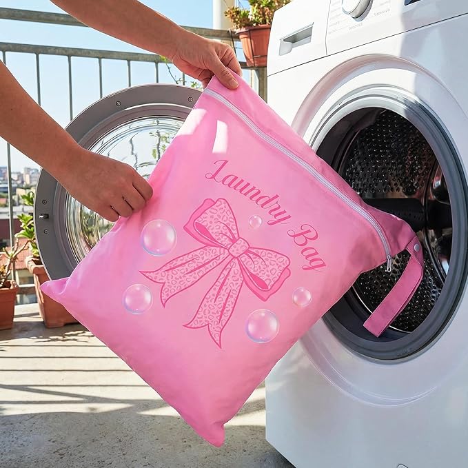 2 Pcs Large Travel Laundry Bags Waterproof Wet Dry Bag, Washable Dirty Clothes Bags for Travel，Drawstring, Bathing Suit, Workout, Gym Clothes Laundry, Swimming Pool & College Dorm, Pink Bow