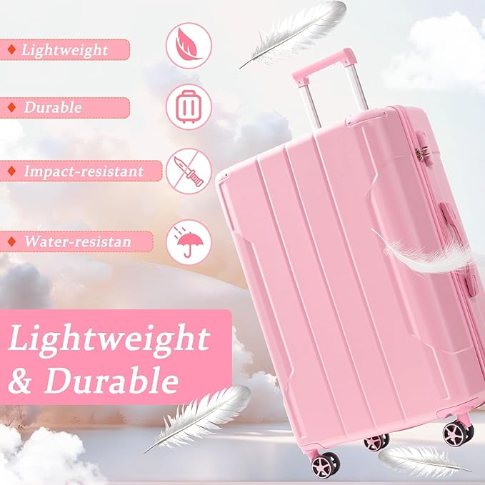 Merax 28 Inch Checked Luggage, Lightweight & Expandable Hardshell ABS Suitcase with Spinner Wheels, TSA Lock, Corner Guards (Pale Pink)