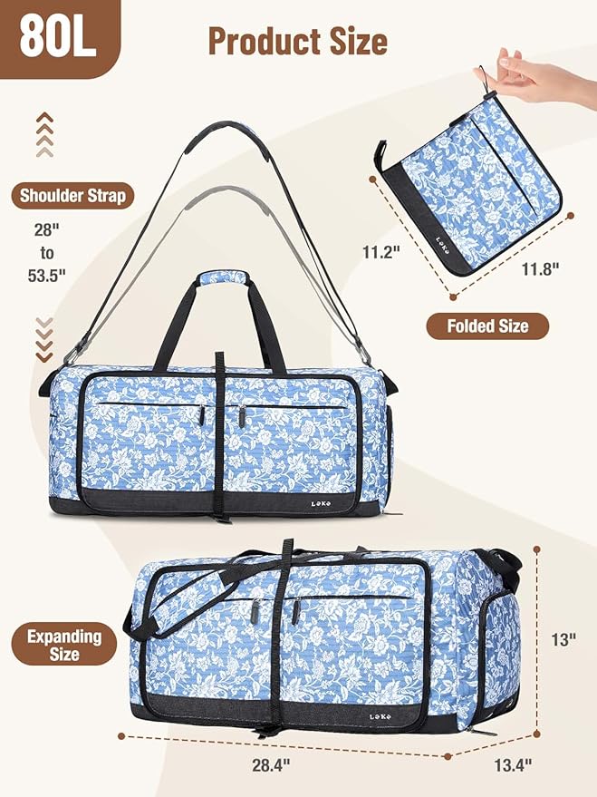 Lekesky Foldable Travel Duffle Bag for Women, Large Duffel Bag with Separate Shoes Compartments & Straps, Carry On Weekend Bag for Women (Blue Floral Print, 80L)
