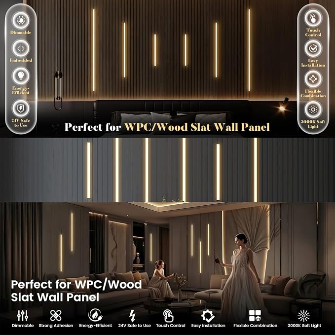 6-Lights LED Recessed Lighting Wall Panel Lights,Self-Adhesive Wood Slat Wall Panel Strip Light,4000K Touchable Switch Dimmable LED Aluminum Channel lamp,Under Cabinet Light(39in+31.5in+23.6in)