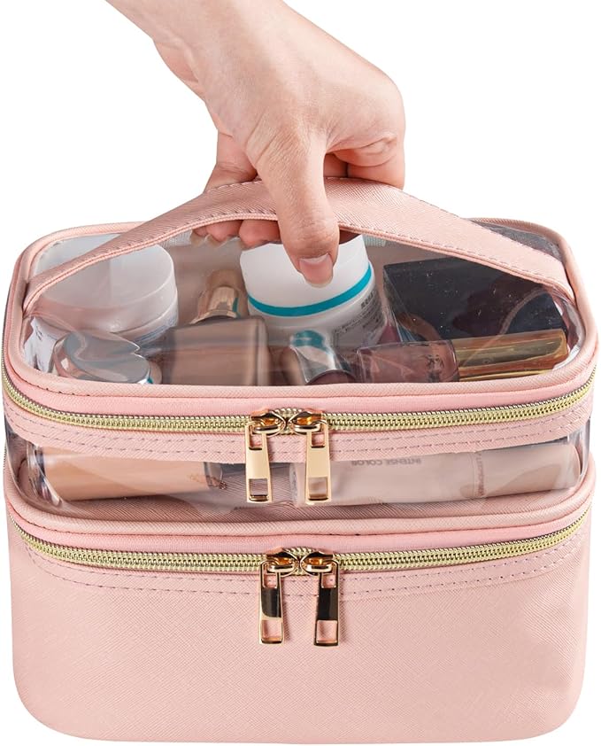 Pink Makeup Bag, Leather Double Layer Makeup Bag,Travel Accessories Toiletry Bag for Women,Travel Essentials Cosmetic Bag
