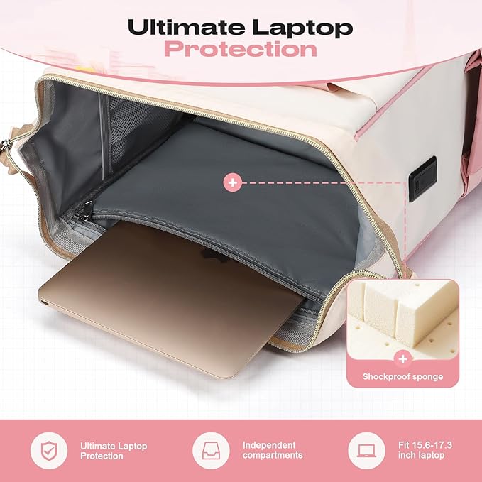 Maelstrom Travel Backpack for Women Men,Laptop Backpack Fits 15.6-17.3 Inch Laptop, Nurse/Work Bag with Insulated Lunch Box (Pink-beige)