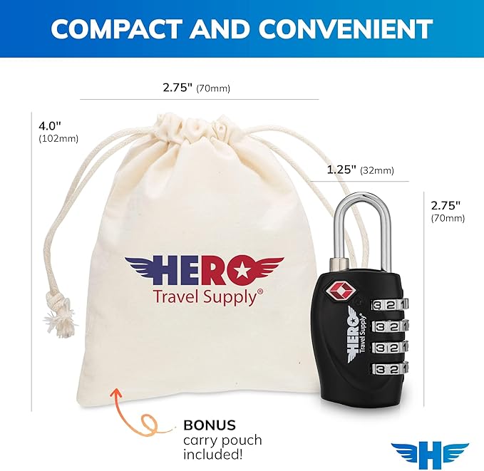 Hero Luggage Lock (Pack of 4) TSA Approved, 4 Digit Combination Padlock for Travel, Suitcases, Lockers, Backpacks