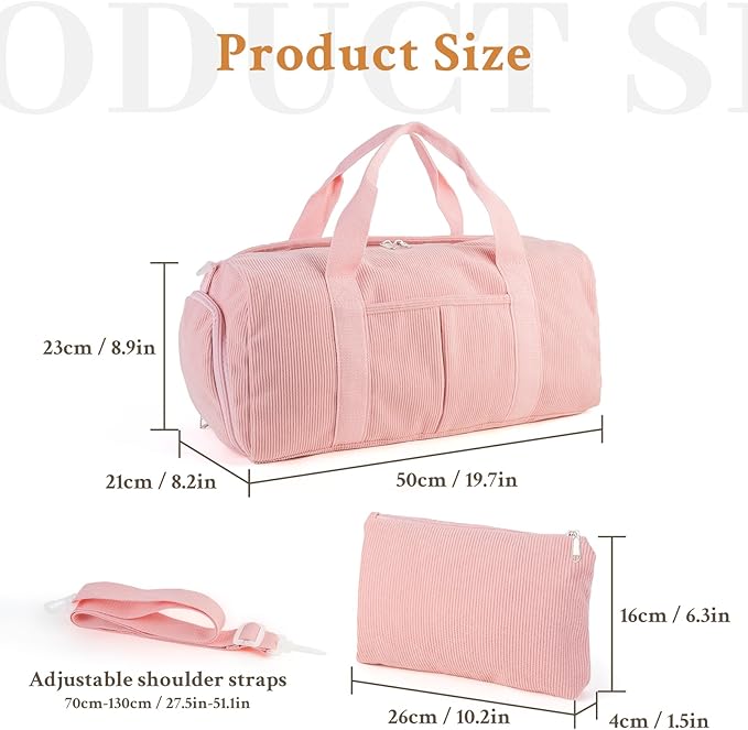 2PCS Cute Gym Bag for Girls, Corduroy Duffle Bag with Wet Pocket & Shoe Compartment and item bag, Duffle Bag for Travel, Sports, Fitness & Workout