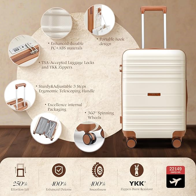Carry On Luggage 20 Inch, Hardside Expandable Suitcase with Spinner Wheels, Lightweight PC +ABS Luggage with TSA Lock & YKK Zippers (Beige)