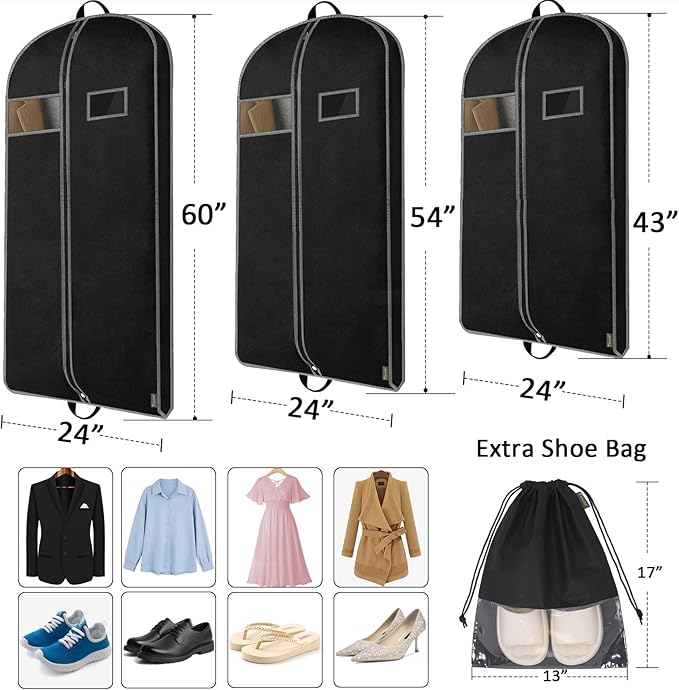 BALEINE 2PK Heavy Duty Garment Bag with Shoe Storage Travel Bag for Dresses, Suit, Coats Travel Essential (43", Black)