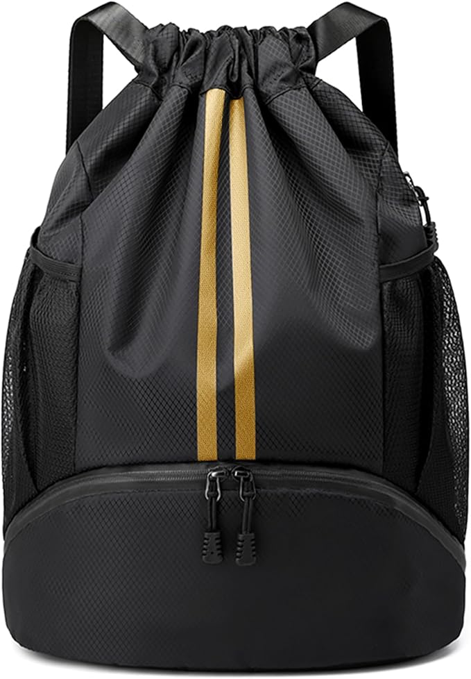 Drawstring Backpack Gym Bag with Shoes Compartment for Soccer, Basketball, Swim, Water-Resistant String Backpack Beach Cinch for Women Men, Black Gold