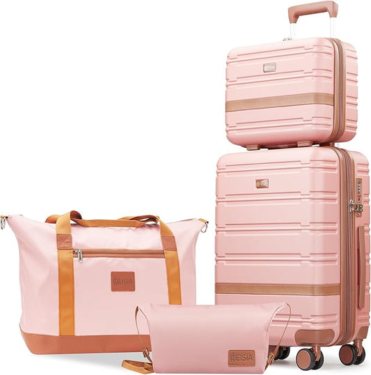Luggage Sets with spinner wheels, PC+ABS Hard Shell Travel Luggage,Lightweight Carry-on suitcases with TSA Lock,YKK Zippers (Pink, 4 Piece Sets(14/20/DB/TB))