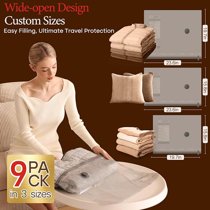 Vacuum Bags for Travel with Rechargeable air Pump, Carry-on Size Compression Packing Bags for Luggage and Suitcase, Space Saver for Clothes and Clothing 9 Combo Travel Size