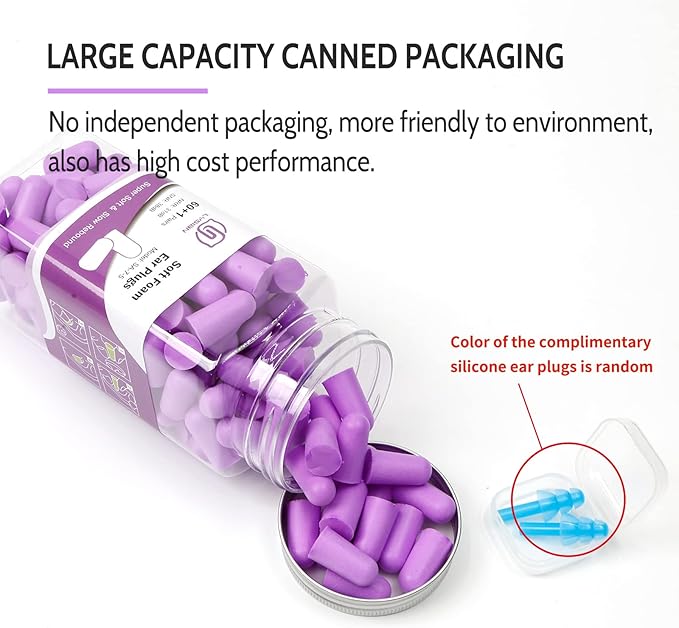 LYSIAN Ultra Soft Foam Earplugs Sleep - 38dB SNR Noise Cancelling Ear Plugs for Sleeping, Shooting, Snoring, Work Loud Sound Reduction- 60 Pairs Valued Pack,Purple