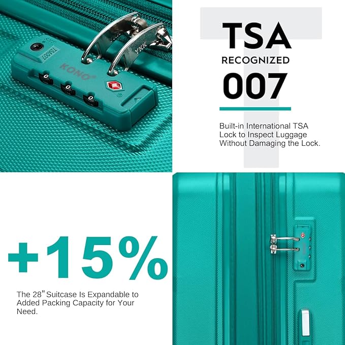 Kono 4 Piece Luggage Sets Expandable with Spinner Wheels TSA Lock Lightweight PC+ABS Hardside Travel Rolling Suitcases 20in 24in 28in Carry on and 12in Mini Cosmetic Case Turquoise