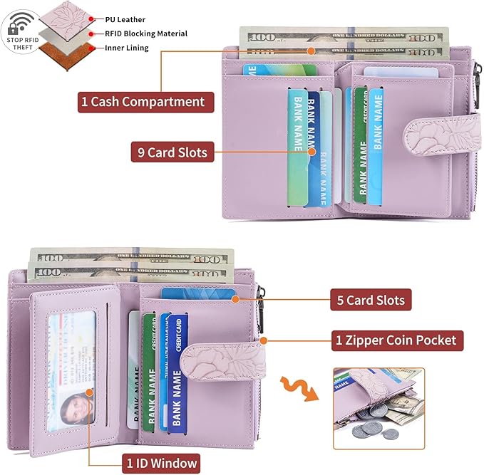 GAEKEAO Womens Wallet Small Vegan Leather RFID Blocking Bifold Zipper Pocket Wallet Card Case Purse with ID Window
