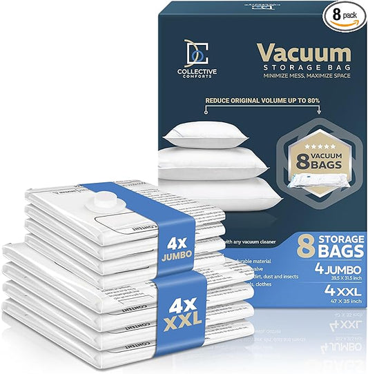 8 Pack Vacuum Storage Bags – 4 XXL & 4 Jumbo Vacuum Seal Bags for Blankets, Comforters, Clothing & Bedding - Space Saver Compression Bags