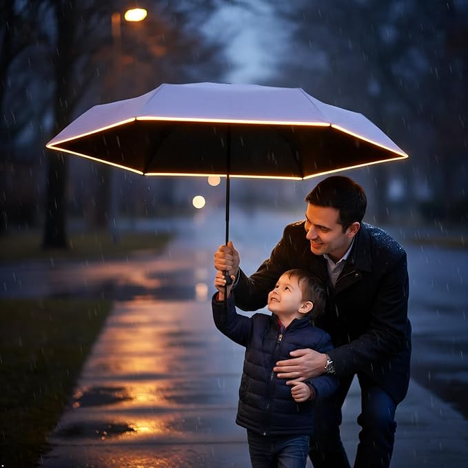 GAOYAING Mini Compact Travel Umbrella with Reflective Safety Stripes, Portable Folding Design with Case