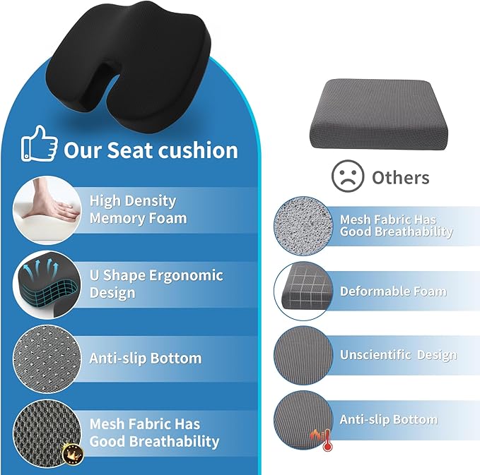 Seat Cushion &Office Chair Cushion,Lumbar Support Pillow for Office Chair,Ergonomic Memory Foam Non-Slip Office Chair Cushion,Back Support Cushions for Tailbone&Sciatica Pain Relief Black