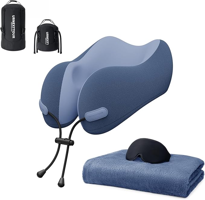 Neck Pillow and Blanket Set for Travel Memory Foam Design Models Pillows with Eye Mask and 50% More Storage Bag Traveling Essentials Plane Car Flight Rest Sleeping Use Adult, Blue