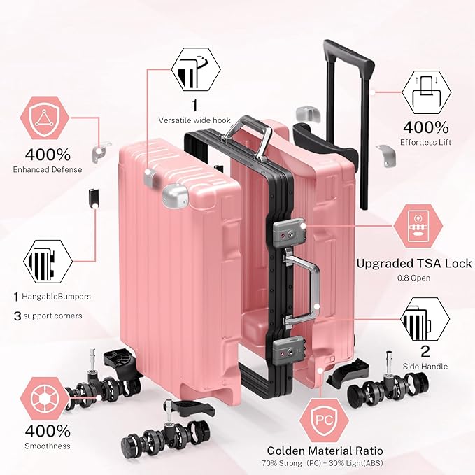 Krute Carry On Luggage 20 inch Aluminum Frame Luggage with Spinner Wheels Hardshell No Zipper PC+ABS TSA Lock Zipperless Suitcases