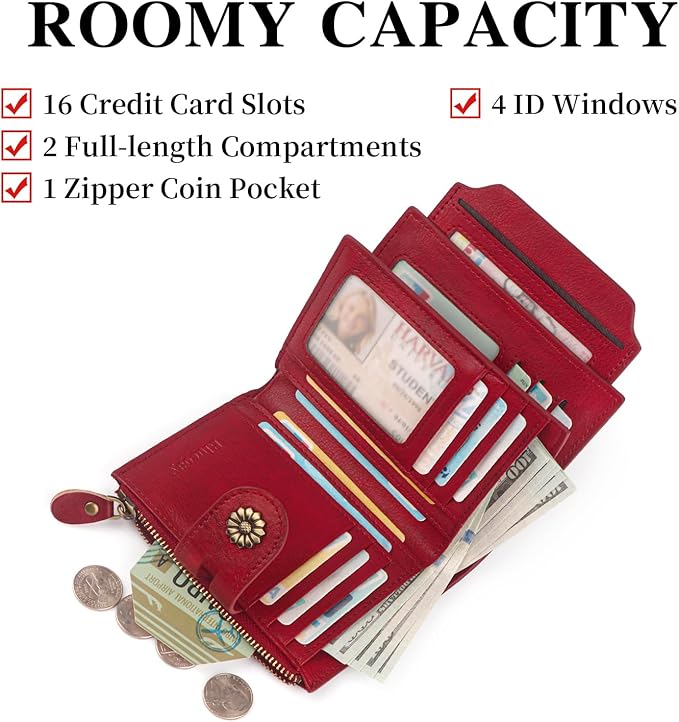 Wallet Women,RFID Blocking Real Leather Womens Wallet Bifold Compact Card Holder Small Wallet for Women with Removable ID Window Red