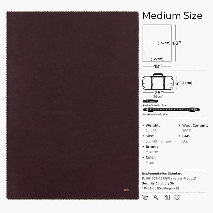 100% Wool Blanket, 48" x 62", Warm, Thick, Washable, Military Wool Blanket, Great for Camping, Outdoors, Sporting Events, Survival Kits, Plum