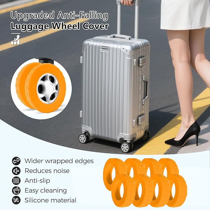 Luggage Wheel Covers, Luggage Wheel Protector Covers for 2-2.4 inches Wheels Suitcases，Anti-Scratch & Noise Reduction Design, Silicone MaterialDurable Travel Case Accessories (8, Orange)