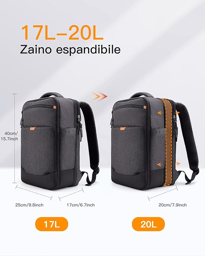 Inateck 17-20L Expandable Carry on Travel Laptop Backpack for Airline Approved, Splash-resistant 3-Way Cabin Luggage for Low-cost/Budget Airlines, Compatible with 14-Inch Laptops, Black