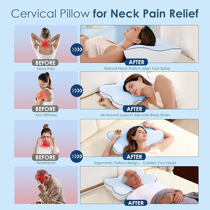 Cervical Pillow for Neck and Shoulder, Ergonomic Side Sleeper Pillow for Pain Relief, Cooling Memory Foam Pillows for Sleeping, Contour Pillow Orthopedic Bed Pillow for Back Stomach Sleepers (Blue)