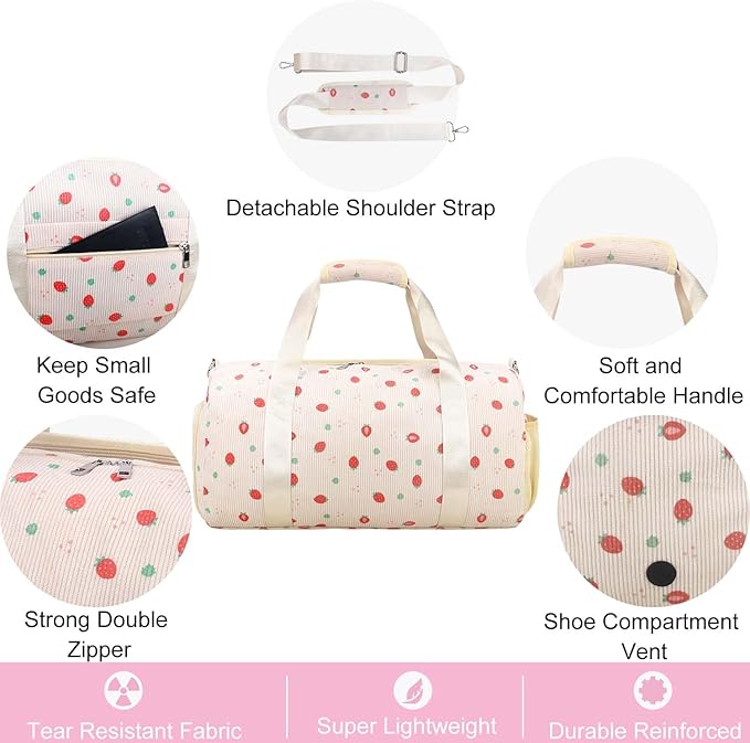 Gym Travel Duffle Bag for Girls - Gymnastics Sports Dance Bag with Shoe Compartment & Wet Pocket Strawberries Kids Travel Bag Teens Weekender Sleepover Carry On Bag