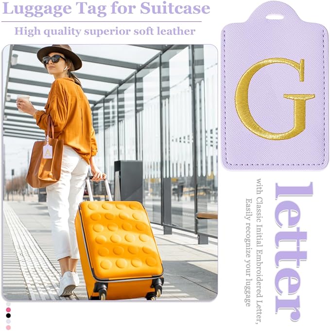 Personalized Initial Luggage Tags for Suitcases,Leather Letter Cute Luggage Tags with Privacy Name Card,Embroidered Monogrammed Travel Bag Backpack Tag Gifts for Women Kids Girls Teens(Purple-G)