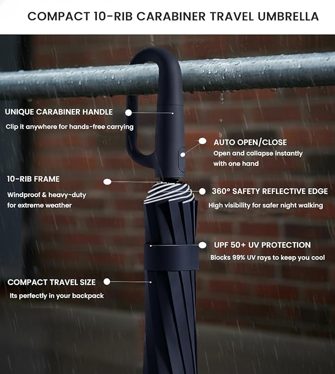 SIEPASA Travel Umbrella with Carabiner Handle - Windproof 10 Ribs Auto Open/Close for Rain & Sun Protection, Compact Portable Clip-on Backpack Design with Safety Reflective Strip.