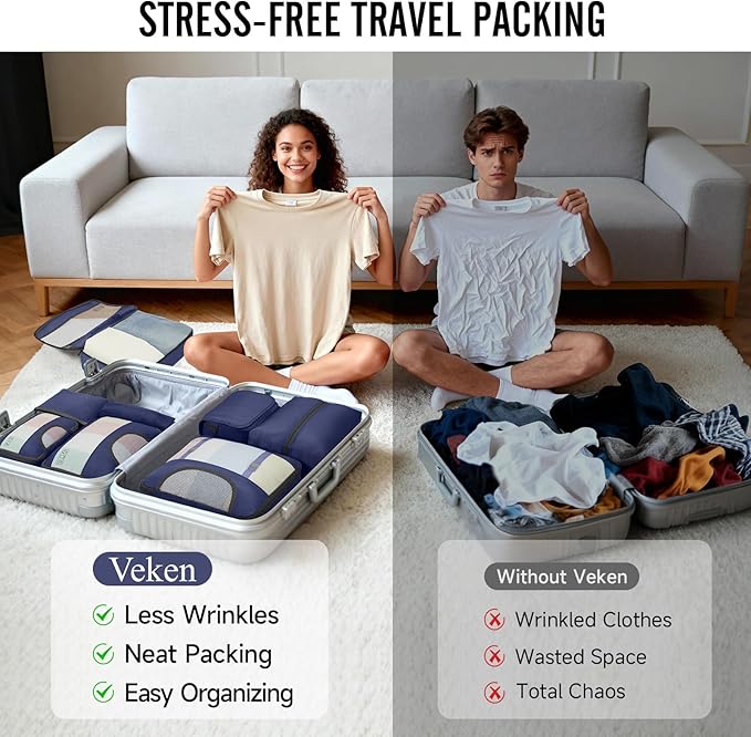 Veken 10 Set Packing Cubes for Travel Essential, Suitcase Organizer Bags in 4 Sizes, Carry-On Luggage Accessories with Large Laundry & Hanging Toiletry Bag, Must-Have for Airplane, Road Trip & Camping