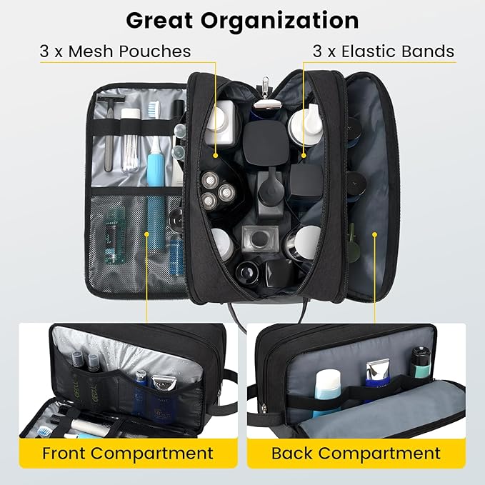 Vorspack Large Travel Toiletry Bag - Water Resistant Toiletry Bag for Men for Bathroom Toiletries Accessories Gifts - Black