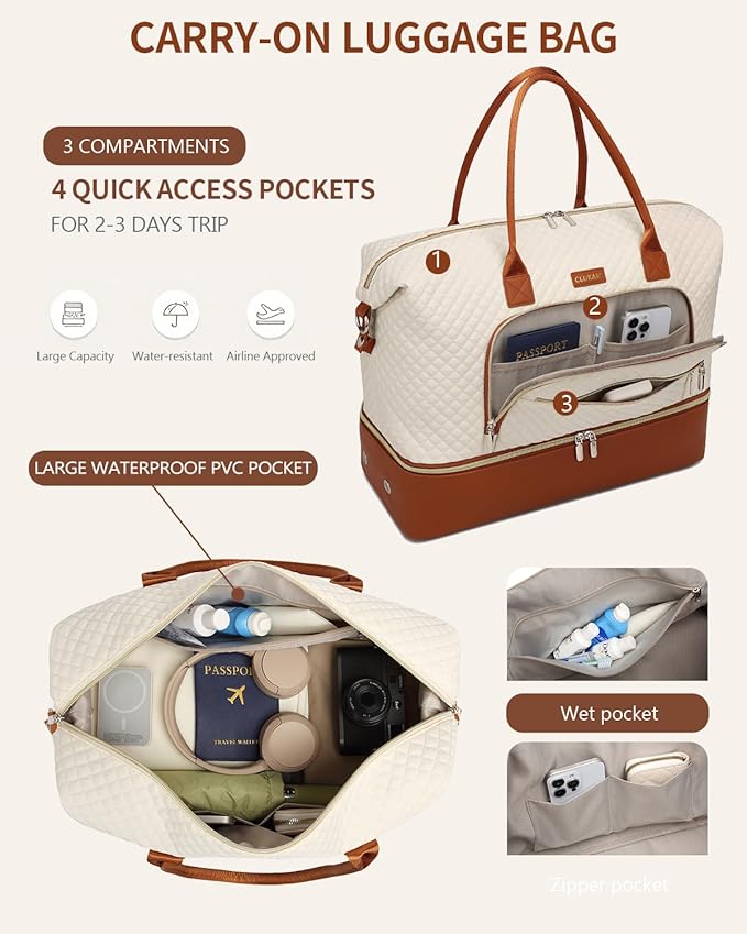 Large Women Travel Duffle Bag, Weekender Bag Overnight Bag with Shoe Compartment, Carry on Bag with Crossbody Purse for Over Night, Weekend, Yoga, Gym, Business Trips, Hospital, Beige Brown