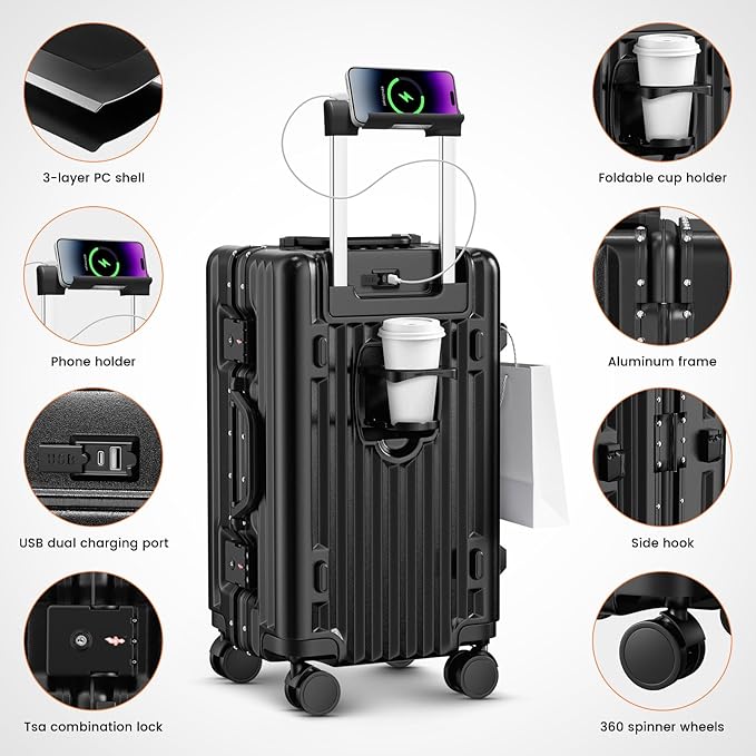 Carry on Luggage, 20 Inch Aluminum Frame PC Hardshell Suitcase with Cup Holder & Charger Port, Airline Approved Weekend Business Travel Case with Spinner Wheels, Tsa Lock
