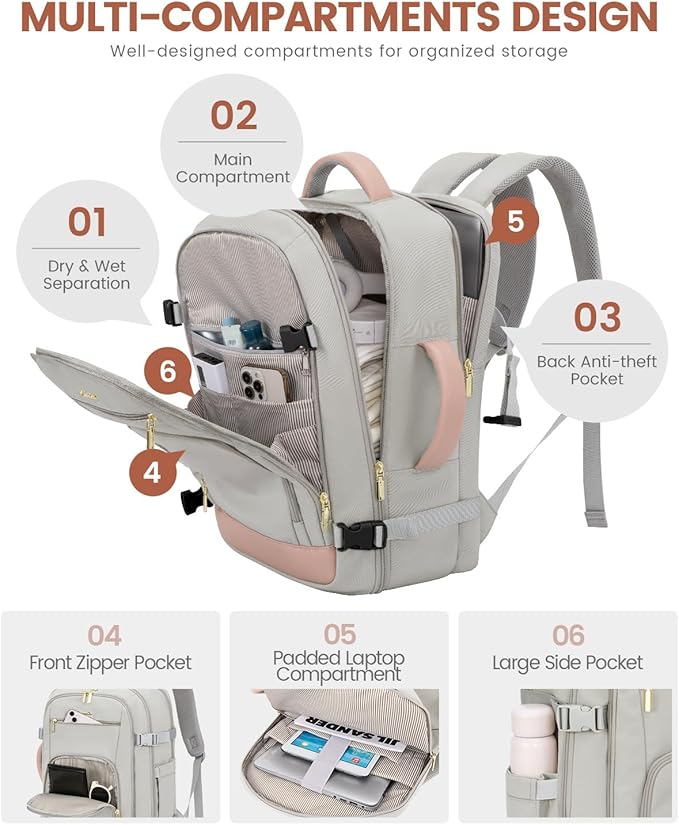 LOVEVOOK Travel Backpack For Women, 40L Carry On Backpack Flight Approved, TSA Personal Item Travel Bag Fits 17 Inch Laptop, Business Weekender Overnight Waterproof Daypack With 2 Cubes, Grey-Pink