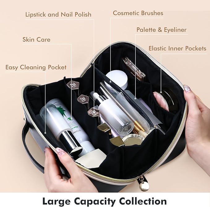Prite Makeup Bag for Women Travel Waterproof Vegan Leather Cosmetic Bag Open Flat Toiletry Bag With Clear Divider and Handle (Large Black Pro)