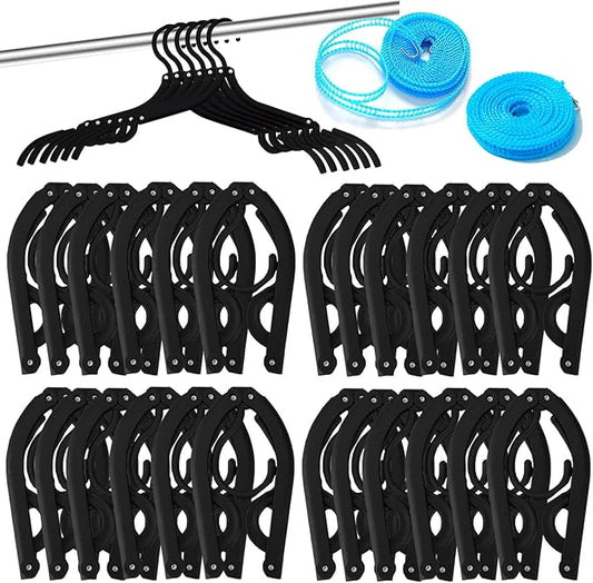 24 PCS Travel Hangers,Portable Folding Clothes Hangers Travel Accessories,Foldable Clothes Drying Rack,Clothes Hangers with Clotheslines,Black Non Slip Clothing Hangers