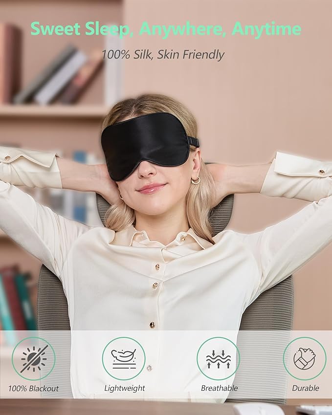 BeeVines 100% Real Mulberry Silk 2 Pack Sleep Mask, Pure Silk Eye Masks with Adjustable Strap for Sleeping, 100% Block Light Eye Shade Cover, Reduces Puffy Eyes Traveling Gifts(Black & Ruby Purple)