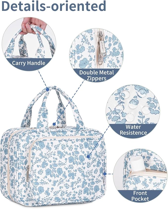 Narwey Travel Toiletry Bag for Women Large Hanging Makeup Bag Organizer Toiletries Bag for Full Size Essentials Accessories Cosmetics (Blue Flower (Large))