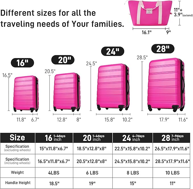 Merax Luggage Sets 13 Piece Suitcase Set 16/20/24/28 IN,Carry on Luggage and Travel Bag TSA Lock Expandable,Hard Case Luggage with Spinner Wheels,Pink