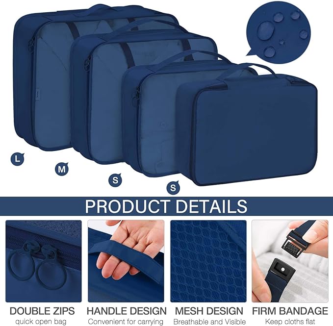 KPX 8 Set Packing Cubes for Travel, Luggage Packing Organizers Accessories Large Toiletries Bag for Clothes Shoes Cosmetics (Navy Blue)