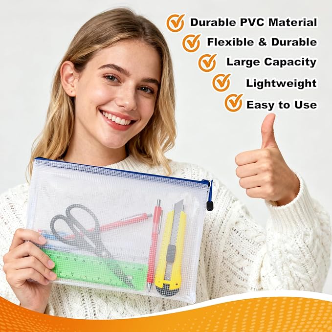 Mesh Zipper Pouch Bags - 5 Pack Waterproof Zipper Bags 13.2 x 9.4 Inch Clear Mesh Storage Pouches Assorted Colors for Home, Office, School, Travel, Puzzles, Board Game, Cosmetic, Accessories