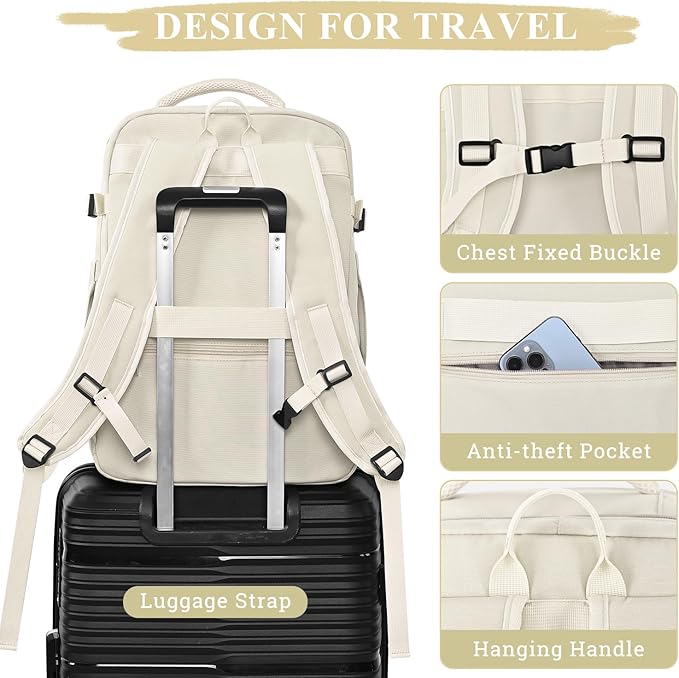 Travel Backpack, 40L 17 inch Laptop Waterproof Backpack Carry on Flight Approved, Personal Item Travel Bag, Casual Daypack for College, Business, Weekend, Work, Beige