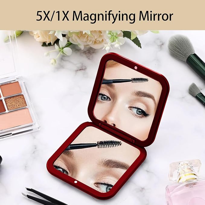 CYHTSHFZ Small Compact Mirror for Purse,5X/1X Travel Magnifying Mirror for Women, Makeup Mirror for Girls, Portable Ultra Slim Pocket Mirror（Red）