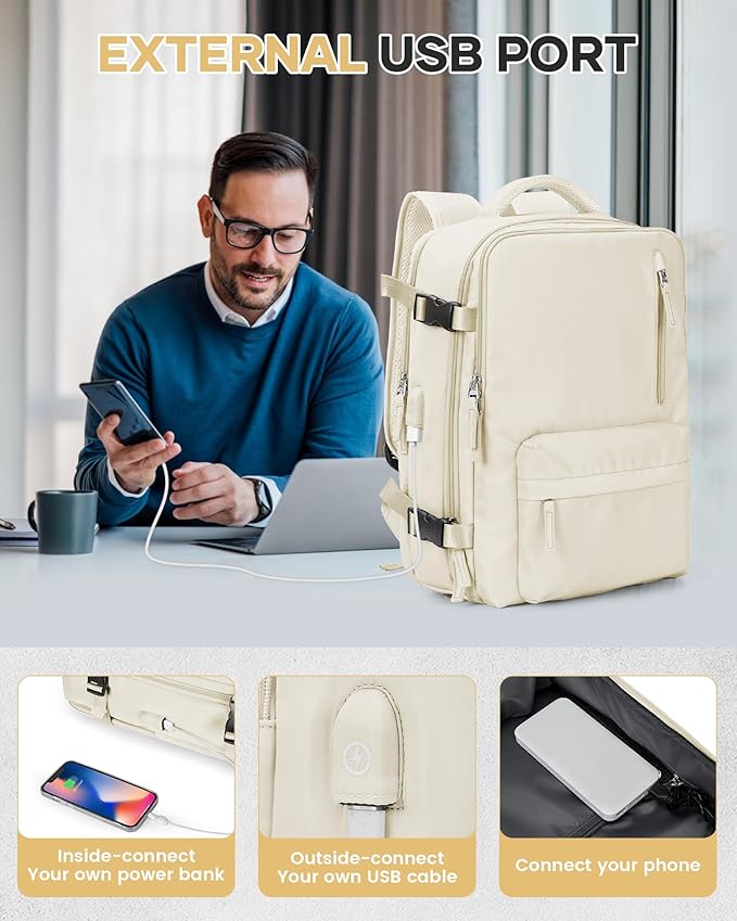 VECAVE Vacuum Travel Backpack with Pump for Women,Airback Personal Item Carry on Backpacks Flight Approved 18x14x8 inches for Men,Laptop Waterproof Work Compression bags Casual Daypack. (Beige)