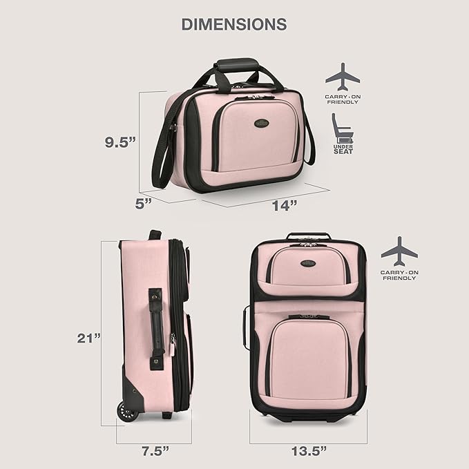 U.S. Traveler Rio Lightweight Softside Rolling Carry-on Suitcase, 2-Wheel Set, Pink