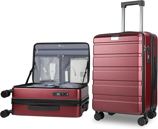 KROSER Carry On Luggage with Spinner Wheels & Built-in TSA Lock, Expandable Top Opening Hard Shell Suitcase Large Capacity Durable Rolling Luggage with USB Port, Carry-On 20-Inch, Burgundy