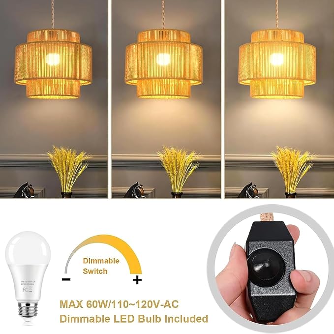 QIYIZM Plug in Pendant Light Hanging Lights with Plug in Cord Boho Hanging Lamp Dimmable,Rattan Wicker Woven Bamboo Lamp Shade, Plug in Ceiling Light Fixture for Living Room Bedroom Kitchen