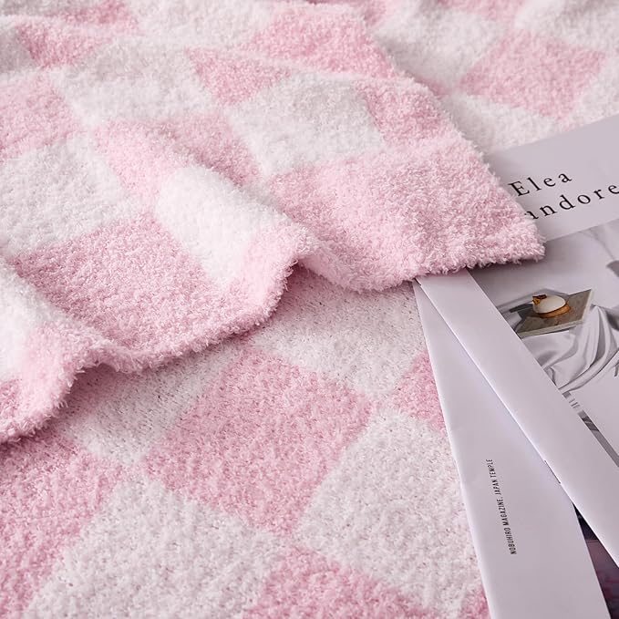 Checkered Throw Blanket, Pink Soft Cozy Fluffy Knitted Throw Blankets for Couch, Sofa, Bed, Chair, Warm Fuzzy Travel Picnic Lightweight Plaid Blanket, 60x80 inches