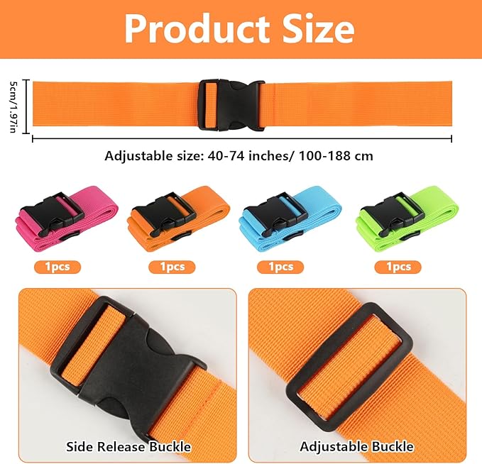 4 Pcs TSA Approved Luggage Straps Set - Secure Suitcase Tags & Belts, Identify Your Bags Easily,Adjustable Suitcase Straps for Travel (4 Colors)