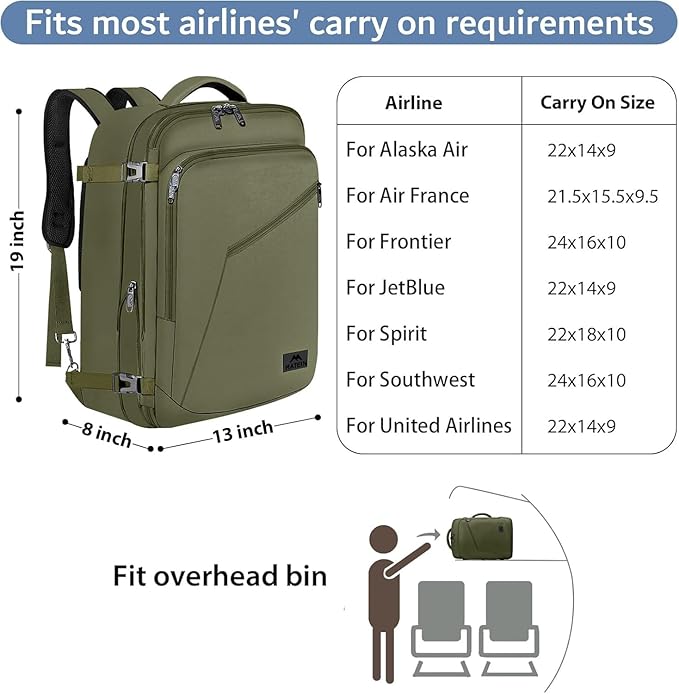 MATEIN Expandable Air Travel Backpack, Light Weight Carry on Backpack with Trolley Sleeve, Water Resistant Daypack for Hiking, Gifts for Men who Like to Travel, Dark Green